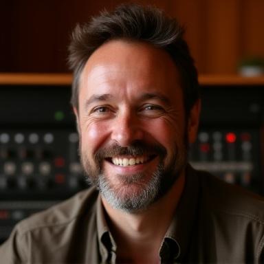Marc Dubois, fondateur de Résonance Studio, souriant devant une console de mixage.