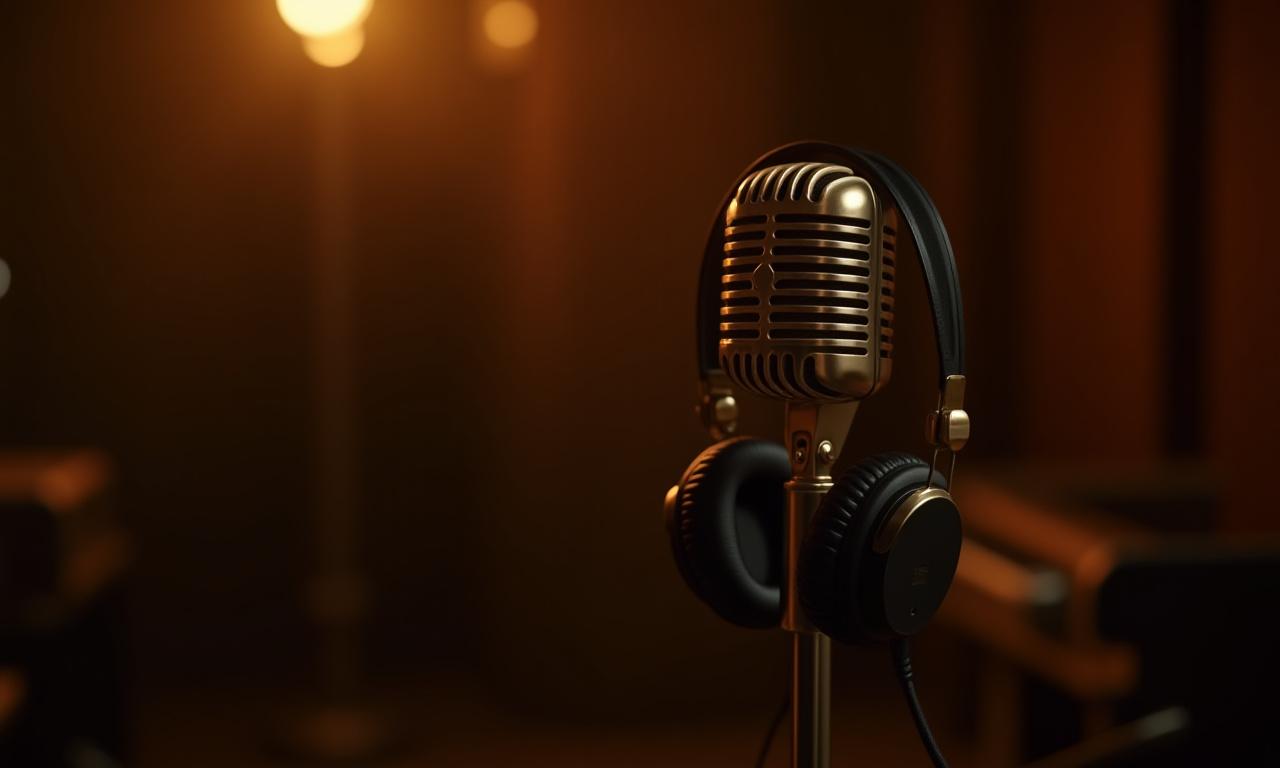 Microphone de studio vintage avec des écouteurs dans un environnement de studio professionnel, éclairage chaleureux et élégant.