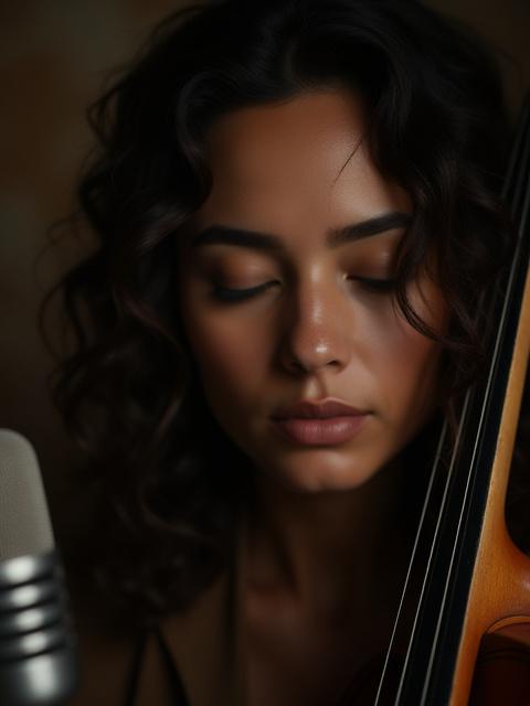 Portrait d'une artiste avec un instrument de musique, éclairage studio.