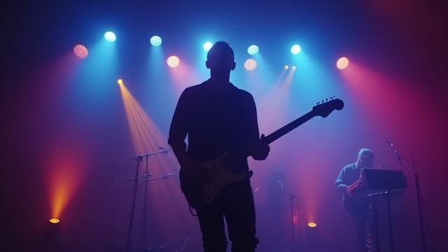 Artiste en pleine performance pour un clip musical, lumières dynamiques.