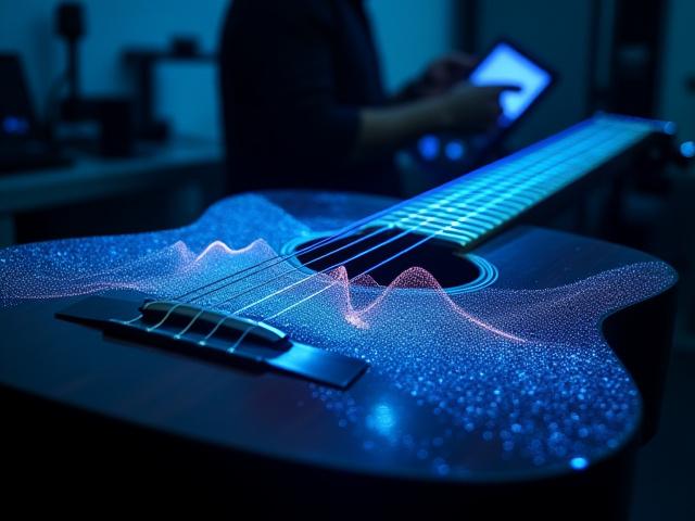 Scientifique étudiant les motifs vibratoires sur une guitare acoustique avec un équipement de pointe.