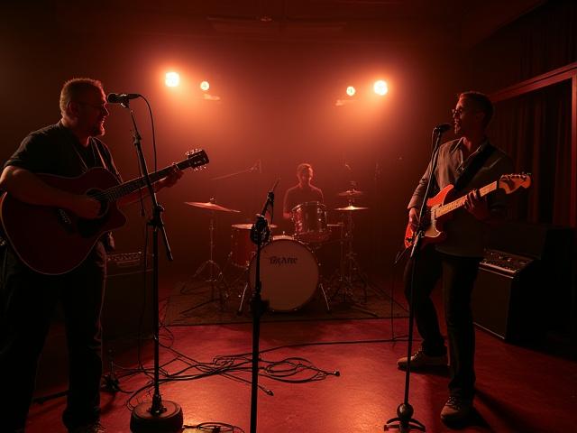Groupe de musique jouant en direct dans un studio avec plusieurs caméras et micros.