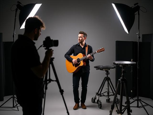 Photographe prenant une photo d'un musicien avec son instrument dans un studio professionnel.