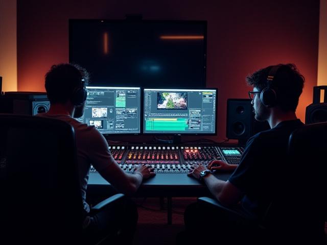 Ingénieur du son et monteur vidéo travaillant ensemble sur une station de travail avec plusieurs écrans.